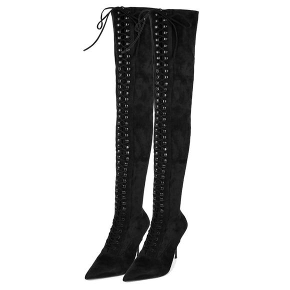 NEW Jeffrey Campbell Black Lace Up Thigh High Boots Size 6 - Picture 1 of 5